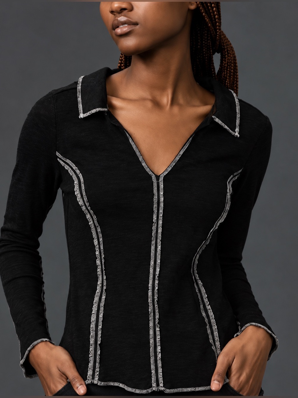 Anthropologie Pilcro Stitched Long Sleeve Top Black Medium